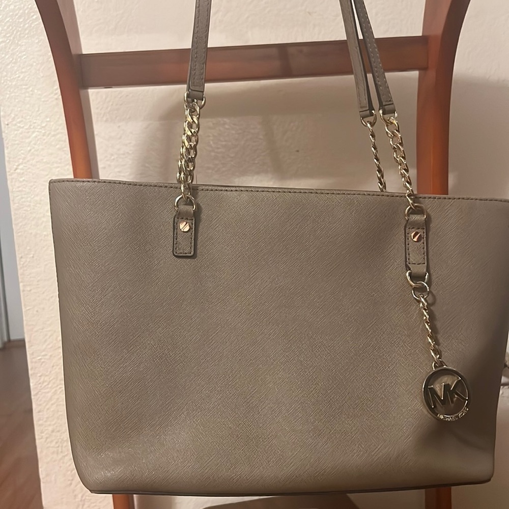Large Michael Kors Gray Leather Purse with Arm and Hand Strap